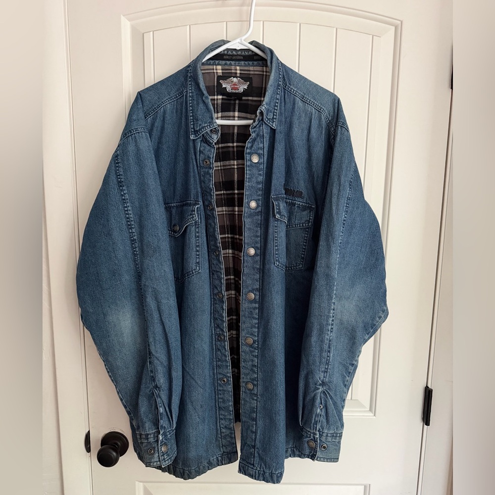 Harley Davidson Lone Wolf Shirt Jacket Mens XLT Flannel Lined Denim Snap